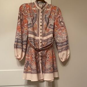 Zimmerman look Paisley Print Long Sleeve Mini Dress in Rust and Cream